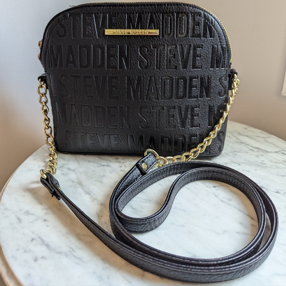 Steve Madden Black and Gold Logo Crossbody Bag with Structured Design